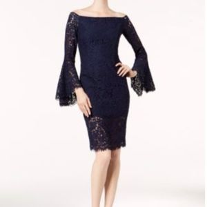 Navy off the shoulder midi dress with bell sleeves